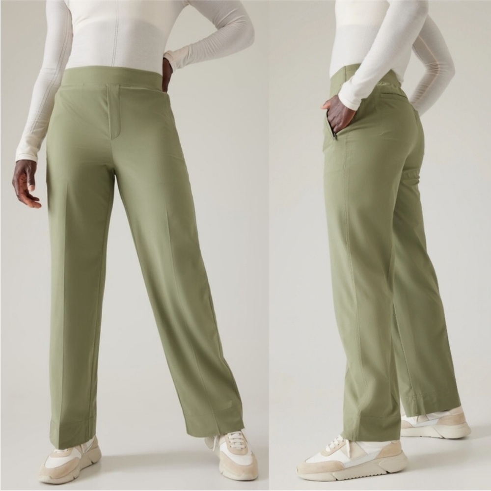 Athleta Brooklyn heights high rise wide leg trouser eucalyptus olive green sz 22